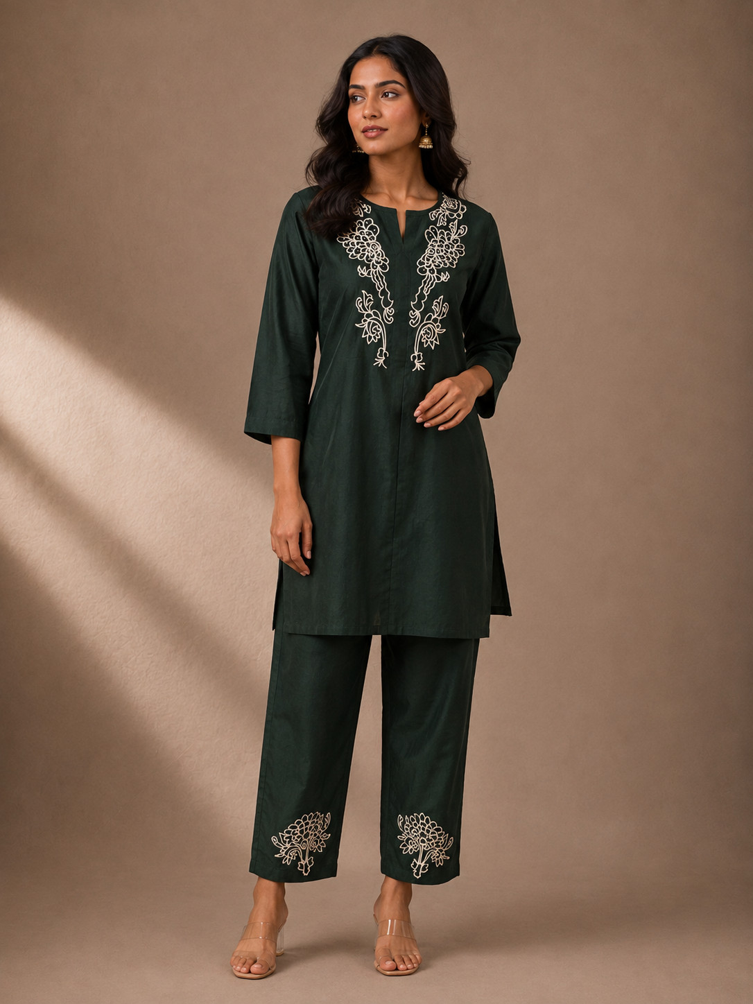 Forest Green Silk Blend Embroidered Kurta Pant Set